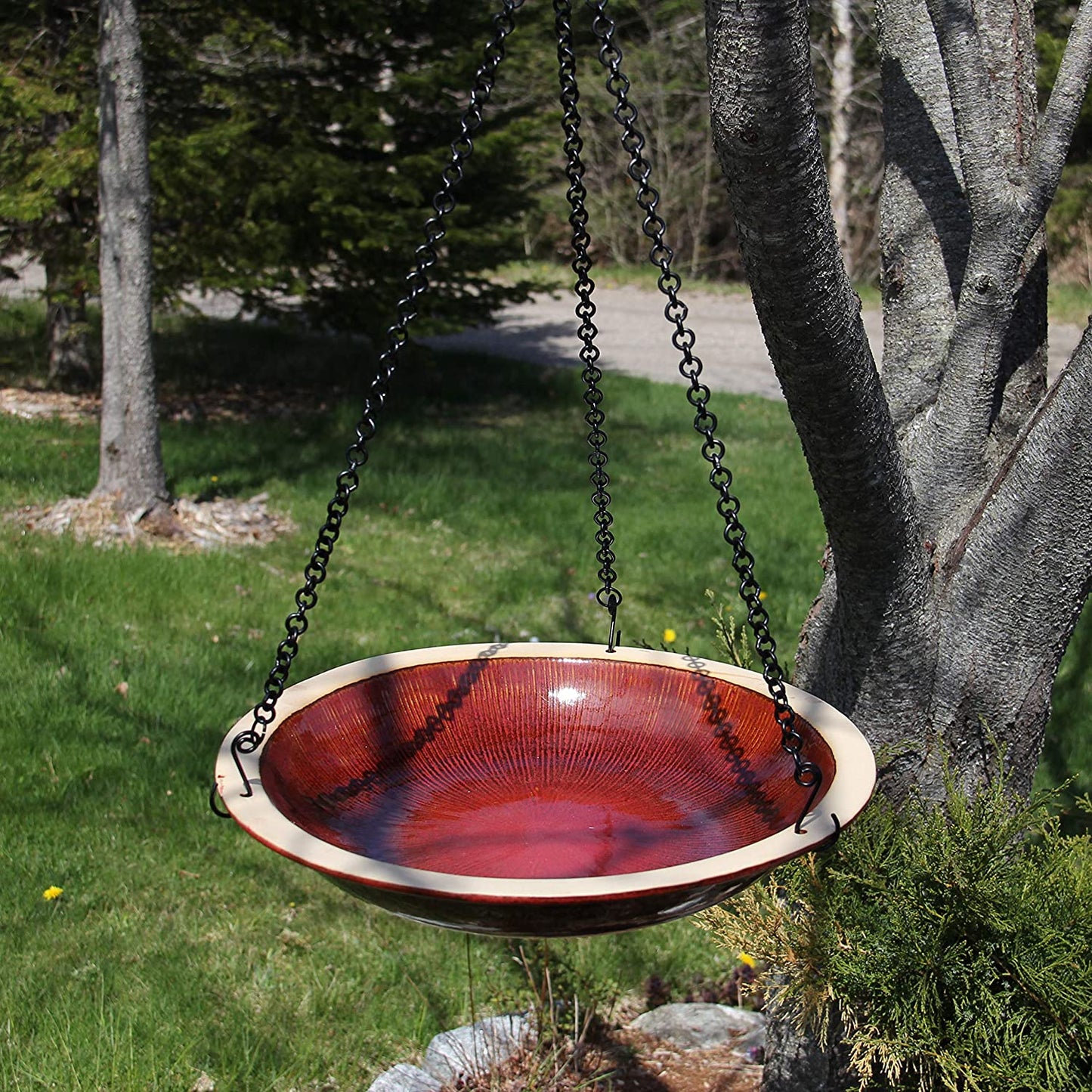 BYER OF MAINE Radial Hanging Bird Bath, Porcelain, Glaze Finish, Adjustable Chain, 14"x14"x34"